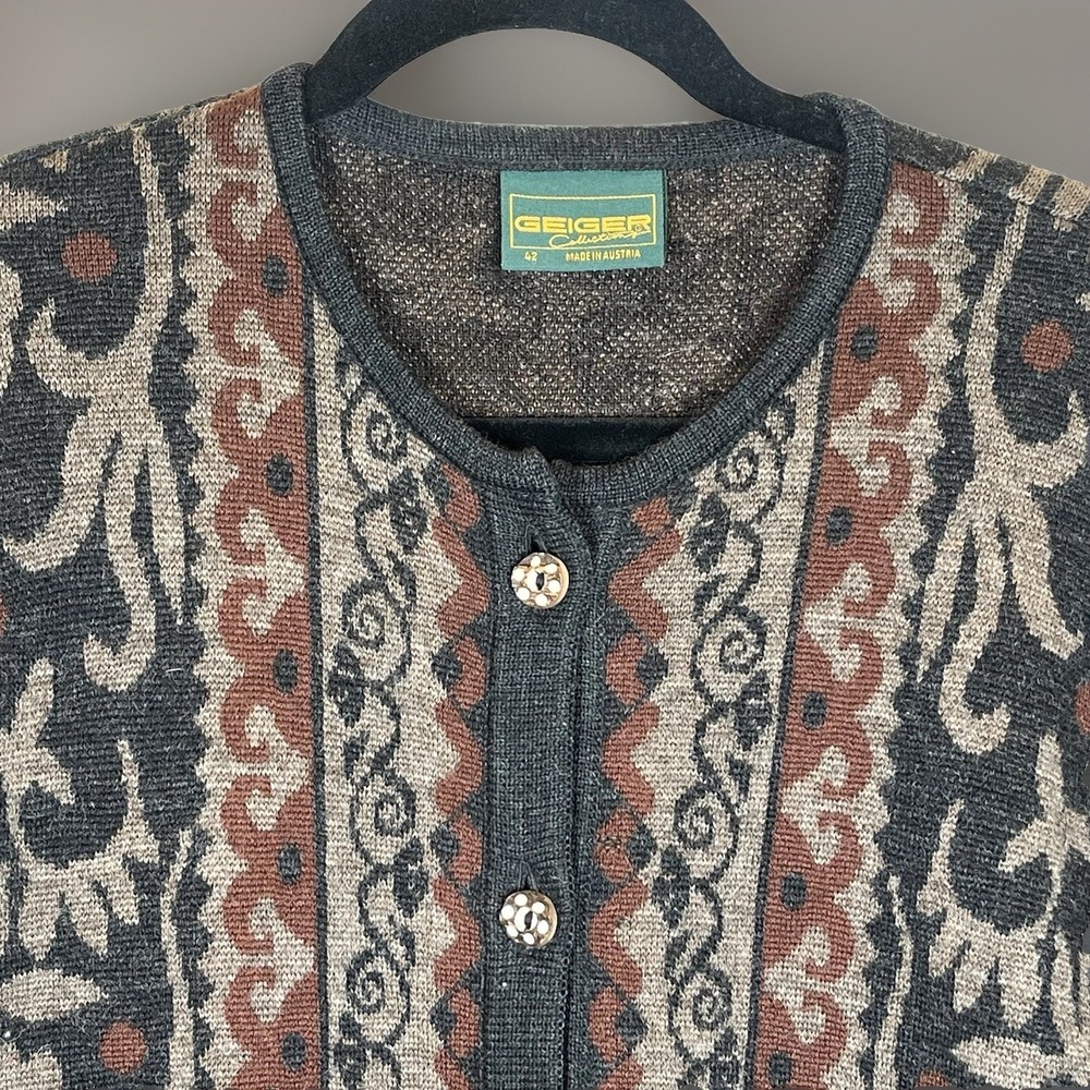 GEIGER Austria Cardigan Sweater Womens 100% Wool Button Up Size 42 Brown